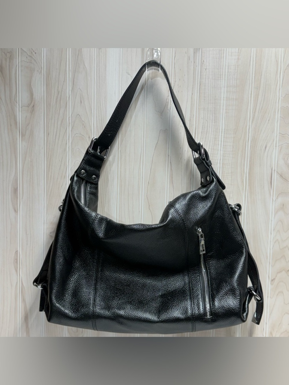 Black Pebbled Leather Hobo Handbag